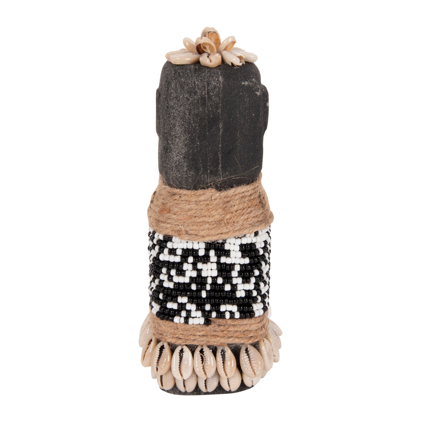 TABLE STATUETTE SUMBA HM4311 MADE OF BLACK PARAS STONE-BEADS-SEAGRASS ROPE 7x7x17Hcm.