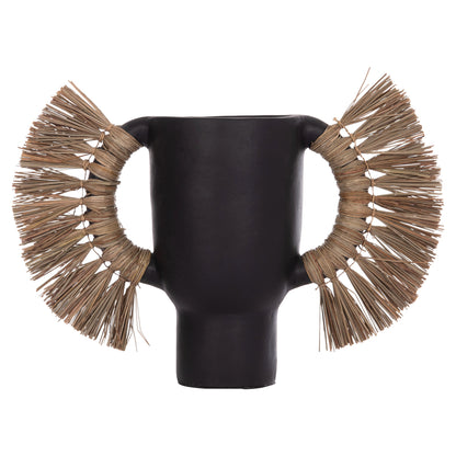 DECORATIVE TABLE VASE ALICA HM4668.01L TERRACOTA IN BLACK COLOR & GRASS--64x22x38Hcm.