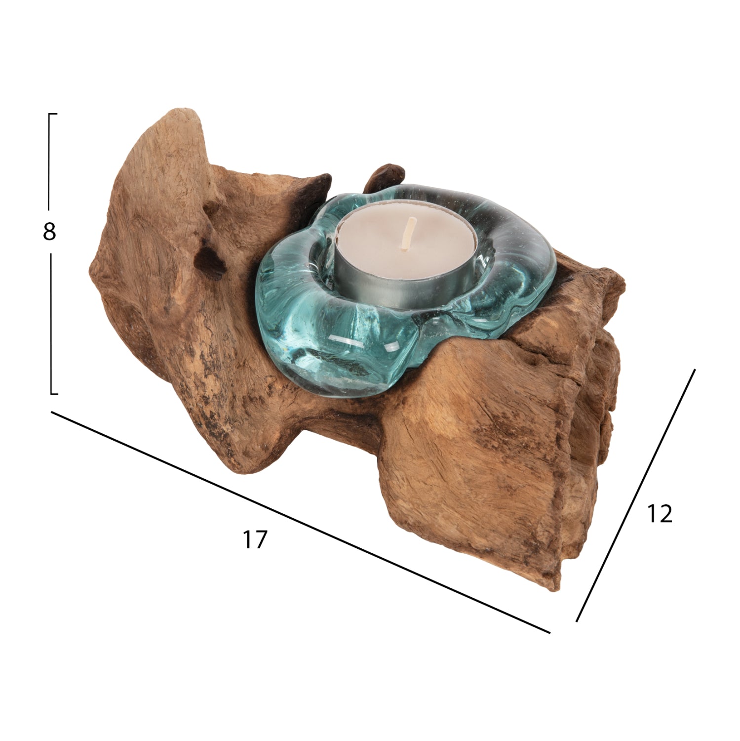 TABLE DECOR HM4283 CANDLE BASE-1 SPOT-SOLID TEAK WOOD AND GLASS-NATURAL