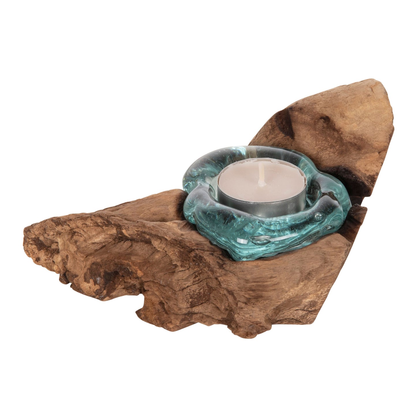 TABLE DECOR HM4283 CANDLE BASE-1 SPOT-SOLID TEAK WOOD AND GLASS-NATURAL
