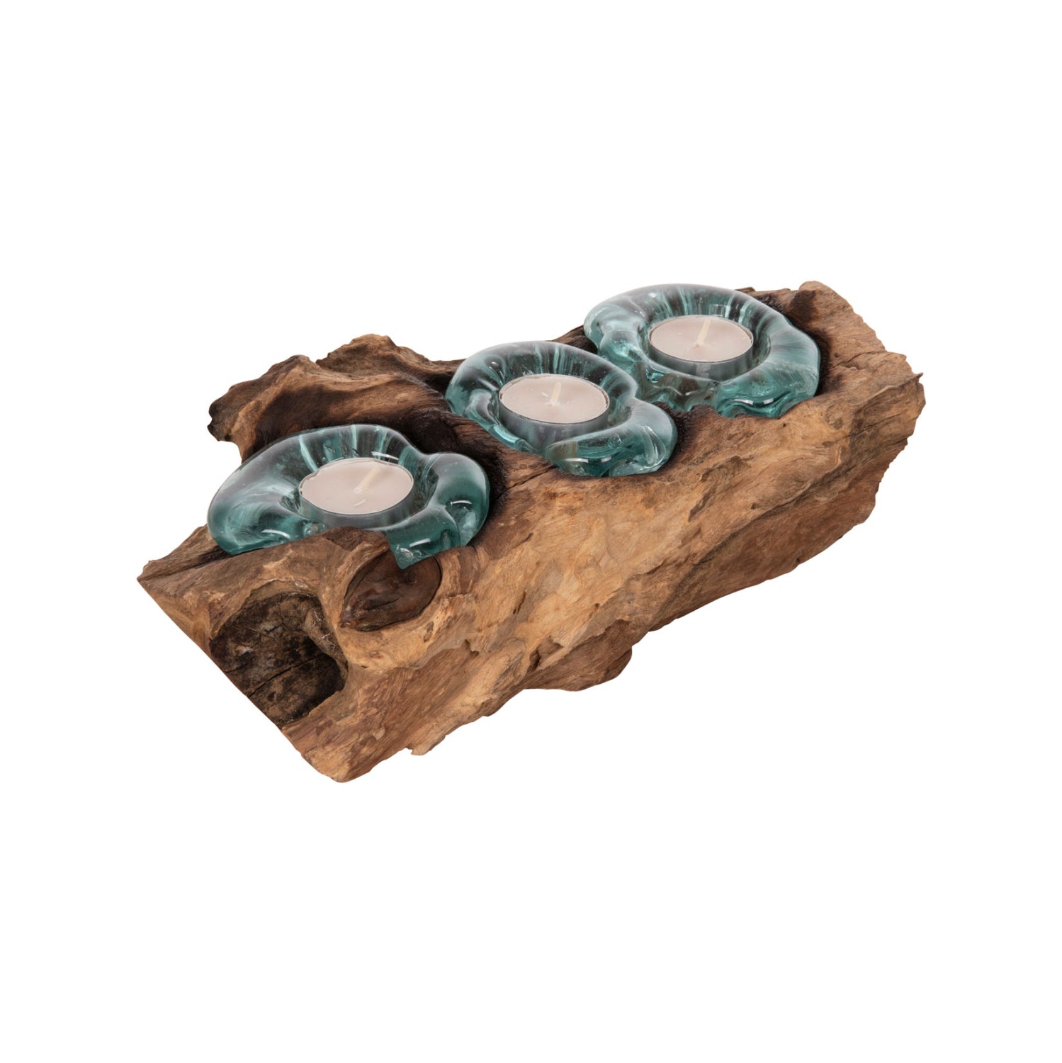 TABLE DECOR ΗΜ4282 CANDLE BASE-3 SPOTS-SOLID TEAK WOOD AND GLASS-NATURAL