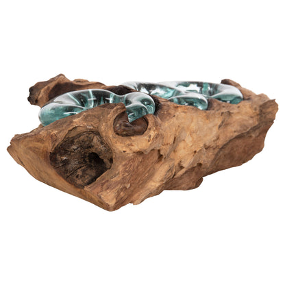 TABLE DECOR ΗΜ4282 CANDLE BASE-3 SPOTS-SOLID TEAK WOOD AND GLASS-NATURAL