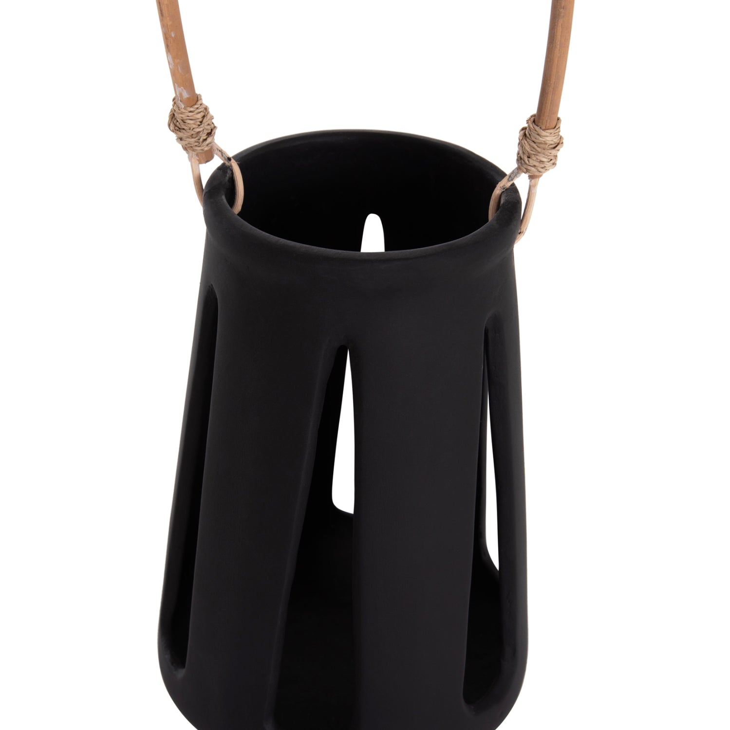 DECORATIVE TABLE LANTERN ERANTYL HM4696.01L BLACK FIBER CEMENT & RATTAN HANDLE Φ17x27Hcm