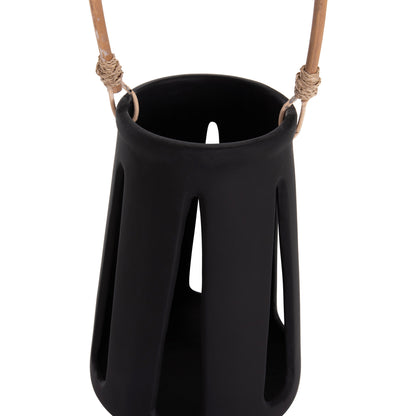 DECORATIVE TABLE LANTERN ERANTYL HM4696.01L BLACK FIBER CEMENT & RATTAN HANDLE Φ17x27Hcm