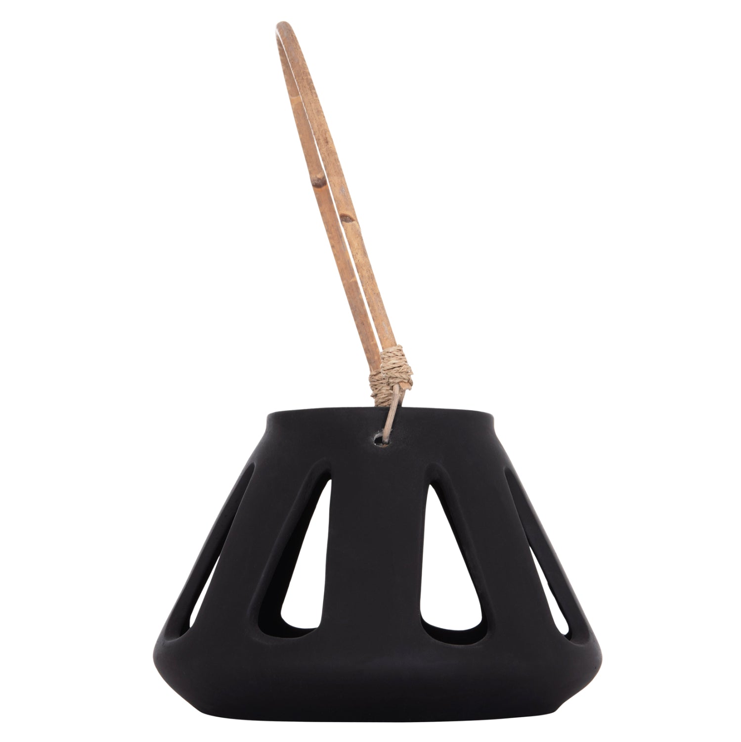 DECORATIVE TABLE LANTERN ERANTYL HM4696.01S BLACK FIBER CEMENT & RATTAN HANDLE Φ25x17Hcm
