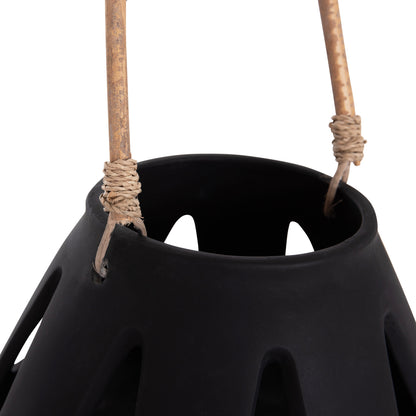 DECORATIVE TABLE LANTERN ERANTYL HM4696.01S BLACK FIBER CEMENT & RATTAN HANDLE Φ25x17Hcm