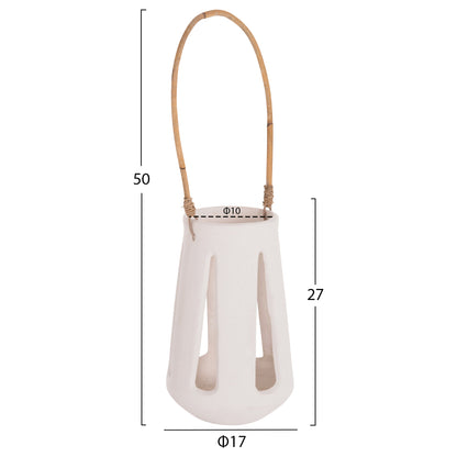 DECORATIVE TABLE LANTERN ERANTYL HM4696.02L WHITE FIBER CEMENT & RATTAN HANDLE Φ17x27Hcm