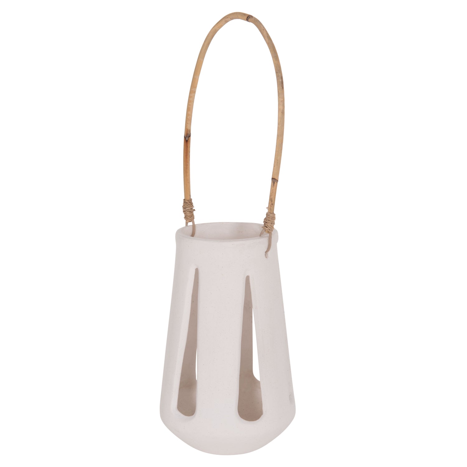 DECORATIVE TABLE LANTERN ERANTYL HM4696.02L WHITE FIBER CEMENT & RATTAN HANDLE Φ17x27Hcm