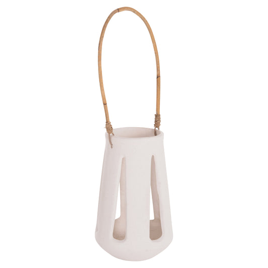 DECORATIVE TABLE LANTERN ERANTYL HM4696.02L WHITE FIBER CEMENT & RATTAN HANDLE Φ17x27Hcm