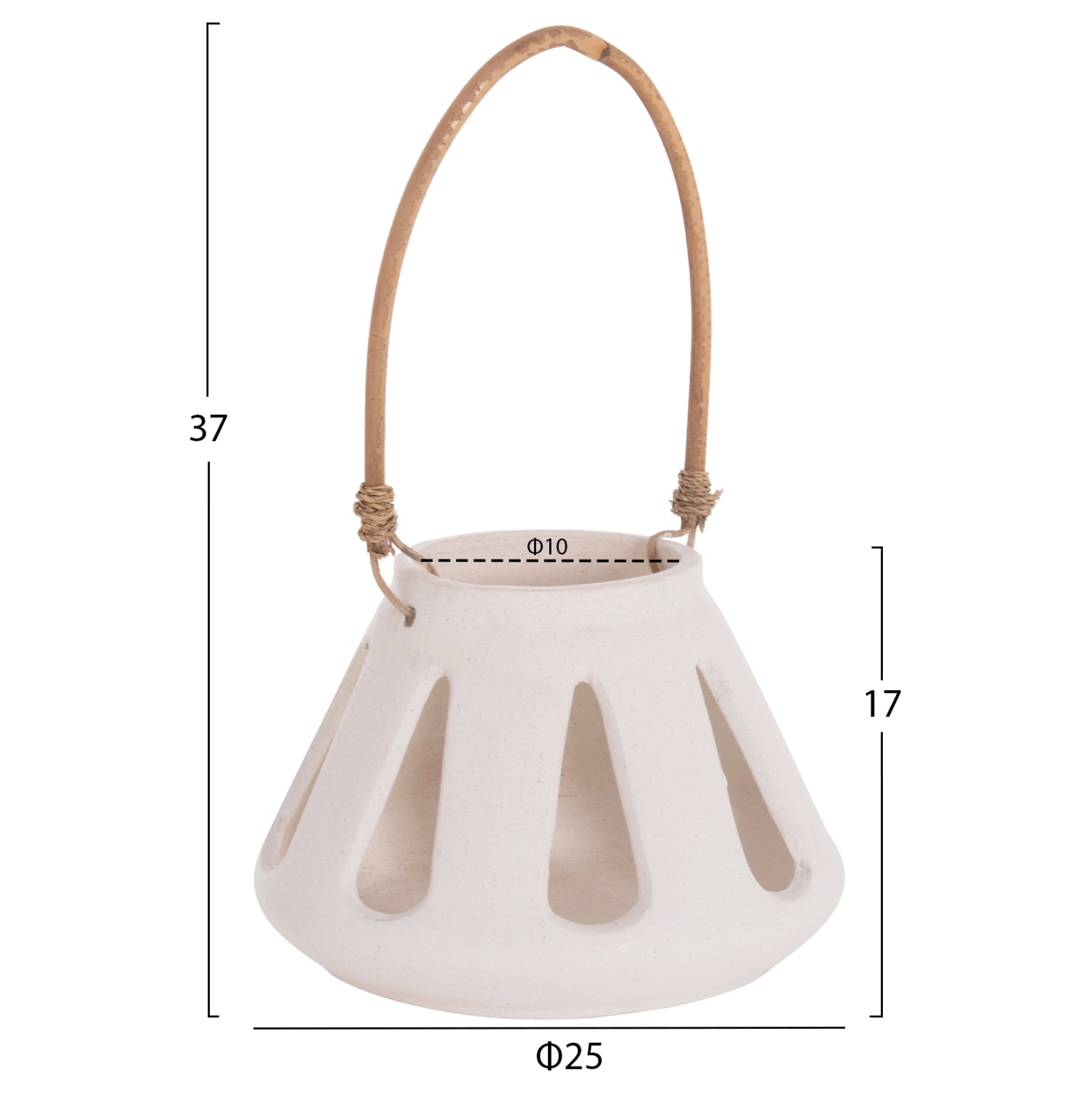 DECORATIVE TABLE LANTERN ERANTYL HM4696.02S WHITE FIBER CEMENT & RATTAN HANDLE Φ25x17Hcm