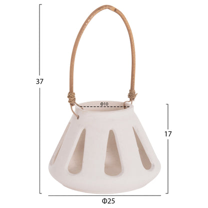DECORATIVE TABLE LANTERN ERANTYL HM4696.02S WHITE FIBER CEMENT & RATTAN HANDLE Φ25x17Hcm