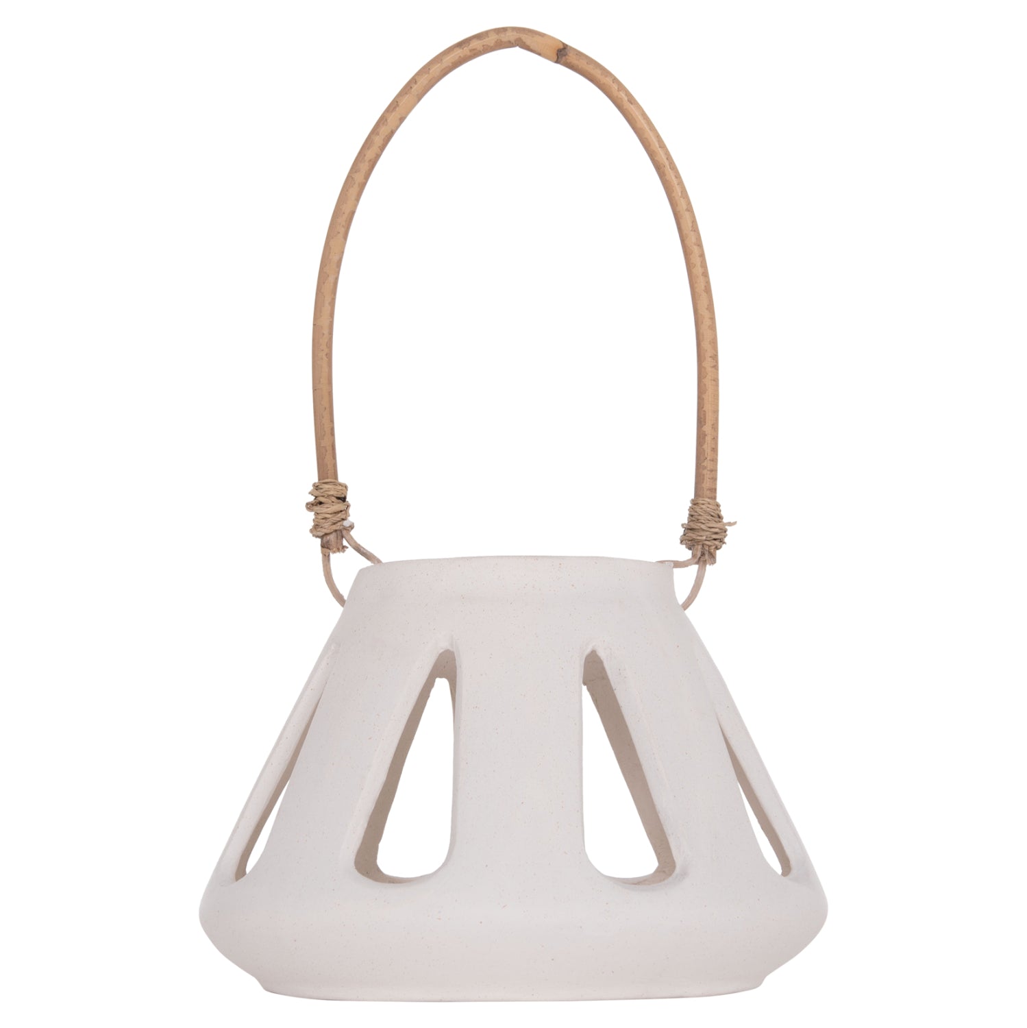 DECORATIVE TABLE LANTERN ERANTYL HM4696.02S WHITE FIBER CEMENT & RATTAN HANDLE Φ25x17Hcm