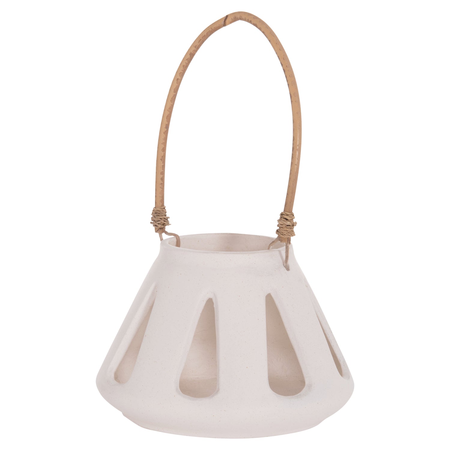 DECORATIVE TABLE LANTERN ERANTYL HM4696.02S WHITE FIBER CEMENT & RATTAN HANDLE Φ25x17Hcm