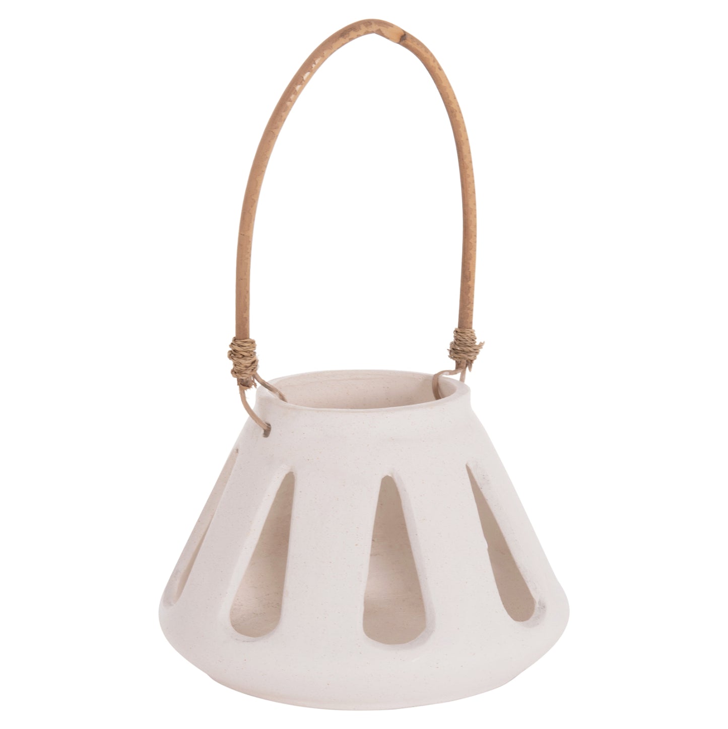 DECORATIVE TABLE LANTERN ERANTYL HM4696.02S WHITE FIBER CEMENT & RATTAN HANDLE Φ25x17Hcm
