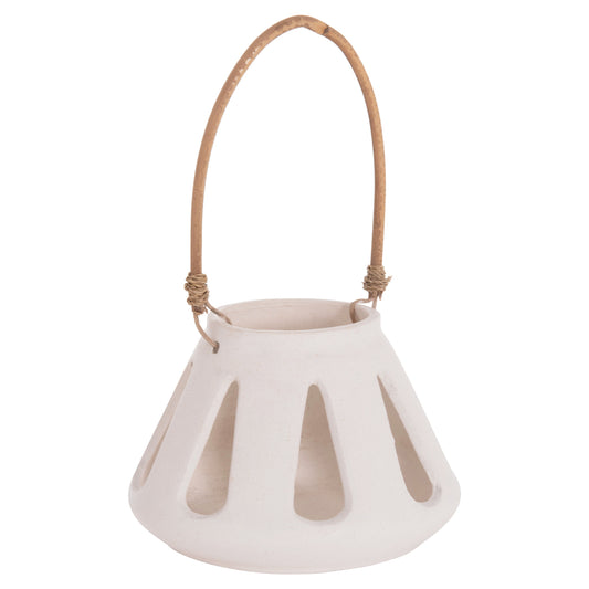DECORATIVE TABLE LANTERN ERANTYL HM4696.02S WHITE FIBER CEMENT & RATTAN HANDLE Φ25x17Hcm