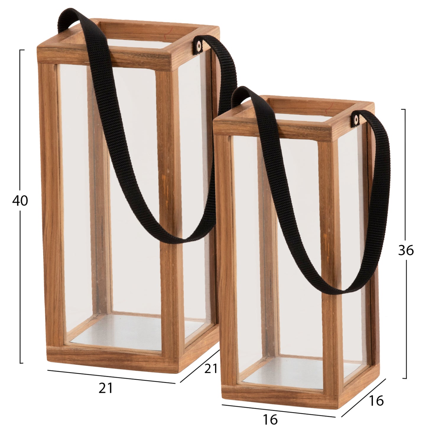 LANTERNS FOR CANDLES WITH NYLON HANDLES AND GLASS HM4280 TEAK WOOD IN NATURAL 21x21x40-70H cm.
