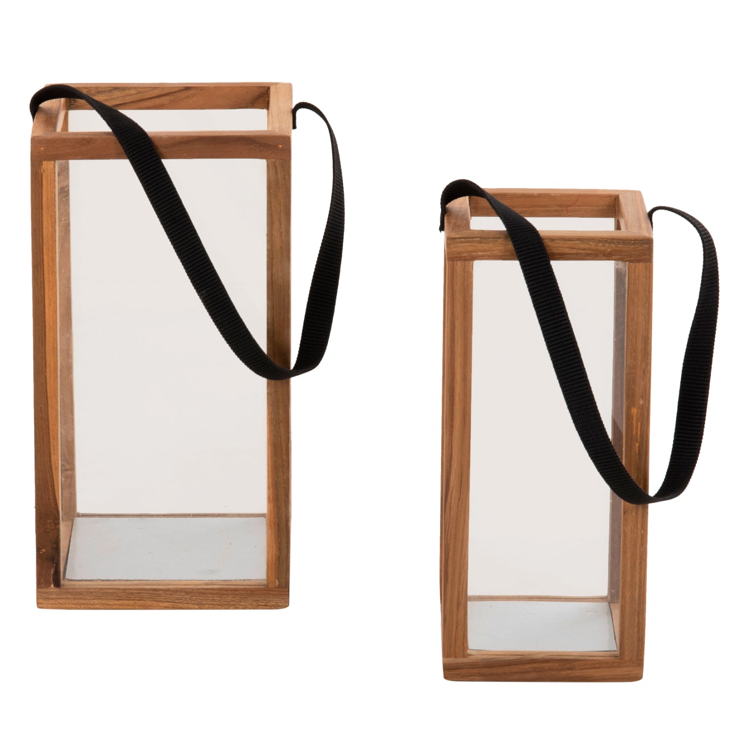 LANTERNS FOR CANDLES WITH NYLON HANDLES AND GLASS HM4280 TEAK WOOD IN NATURAL 21x21x40-70H cm.