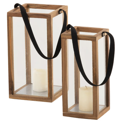 LANTERNS FOR CANDLES WITH NYLON HANDLES AND GLASS HM4280 TEAK WOOD IN NATURAL 21x21x40-70H cm.
