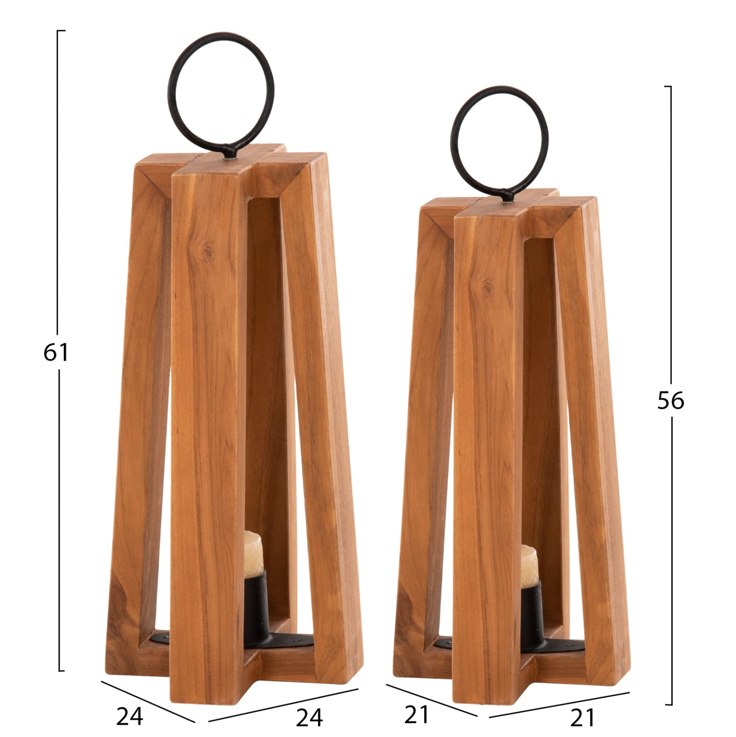 LANTERNS FOR CANDLES WITH RING HANDLES HM4276 TEAK WOOD IN NATURAL 24x24x50-61H cm.