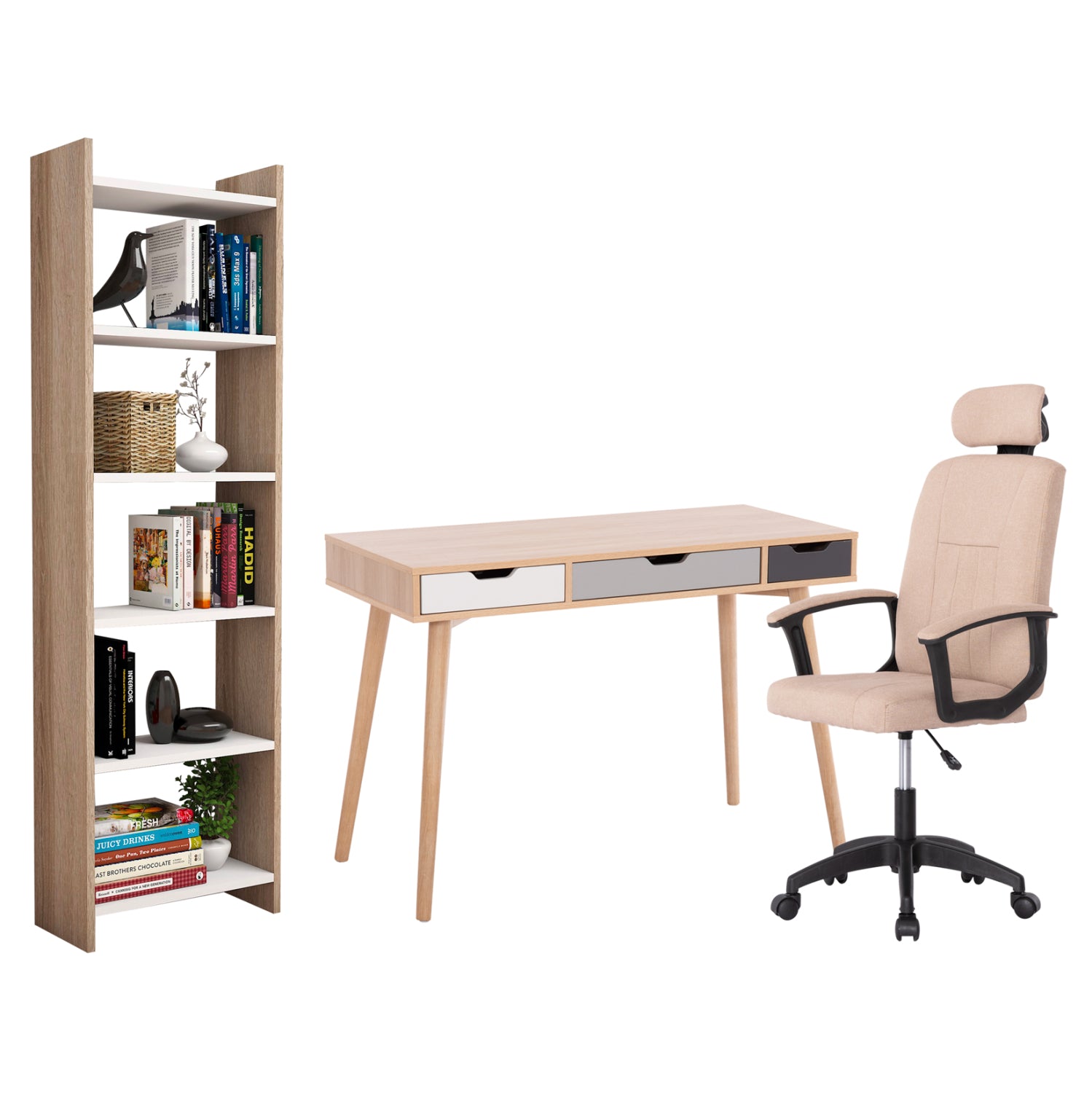 STUDENT SET 3PCS HM11209 STUDY DESK-BOOKCASE-OFFICE CHAIR---SONAMA/BEIGE