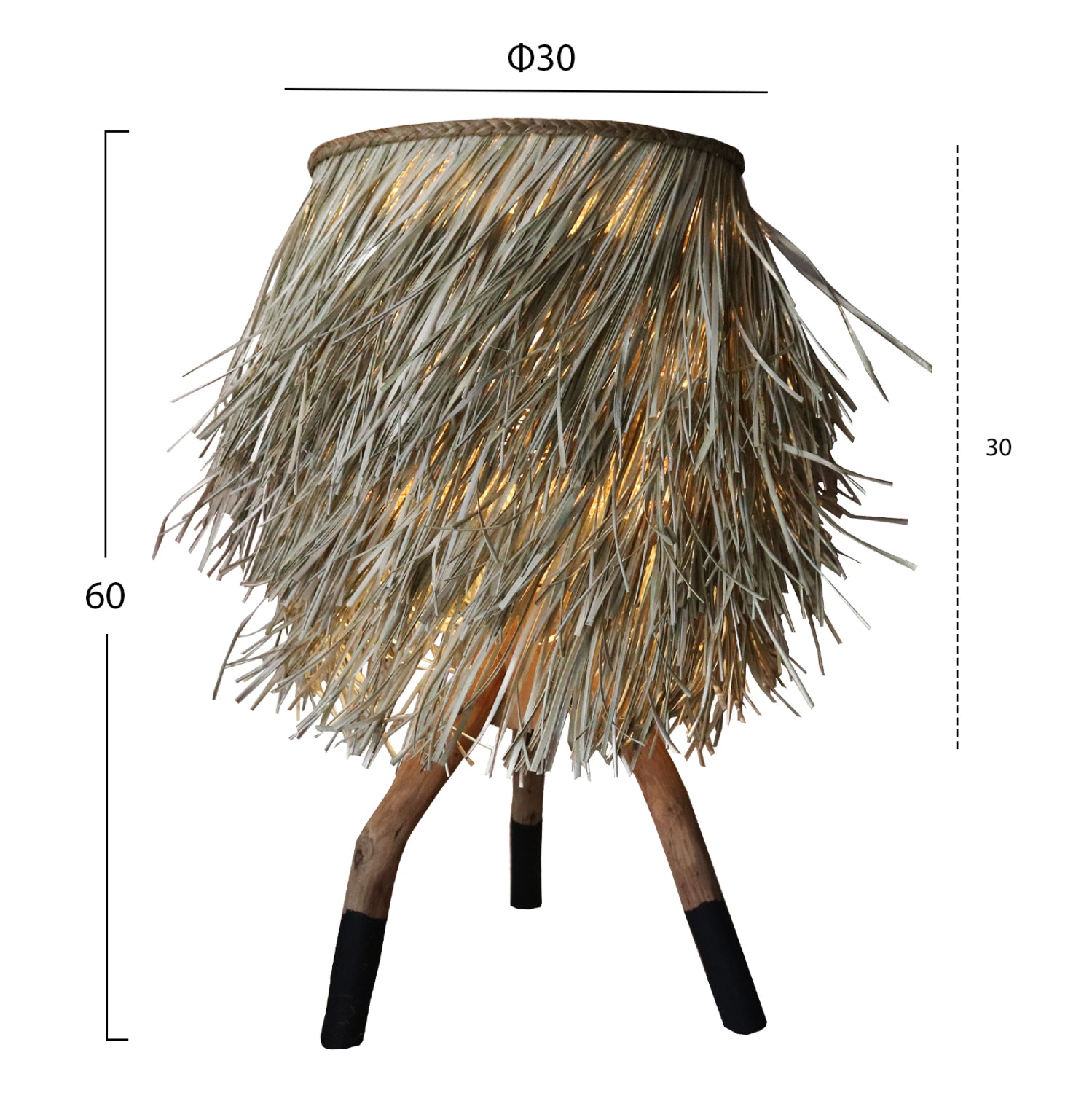 TABLE LAMP WITH TEAK LEGS AND SEAGRASS CAP IN NATURAL AND BLACK COLOR Φ30x30-60Hcm.HM7771