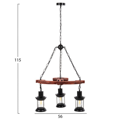 CEILING PENDANT 3-LIGHT FIXTURE HM4115 WOOD-METAL-GLASS 115H cm.