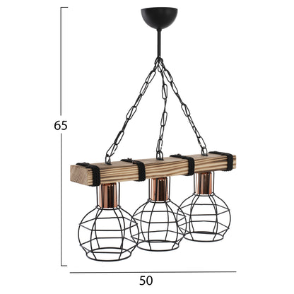 CEILING PENDANT 3-LIGHT WITH WOOD AND METAL GRIDS 50x16x65Hcm.HM7682.01