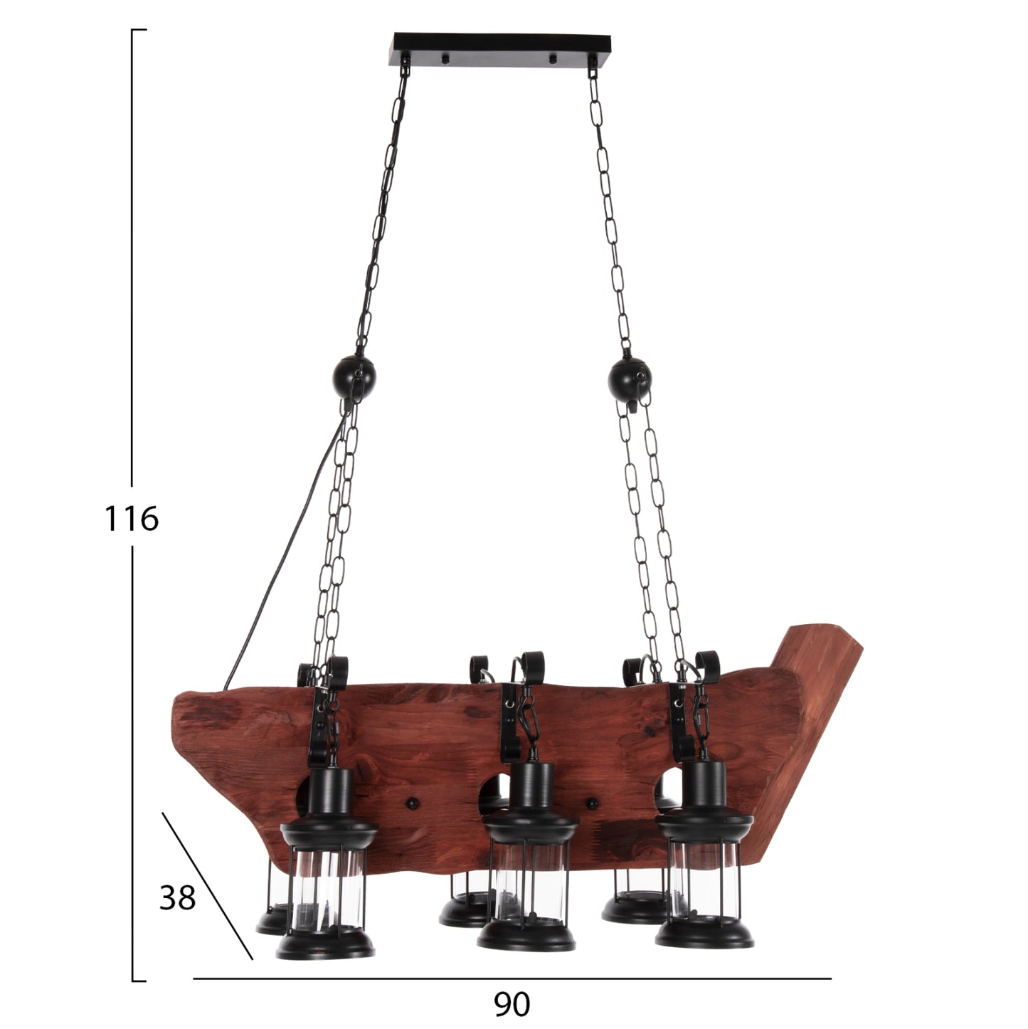 CEILING PENDANT 6-LIGHT FIXTURE HM4117 WOOD-METAL-GLASS 116Hcm.
