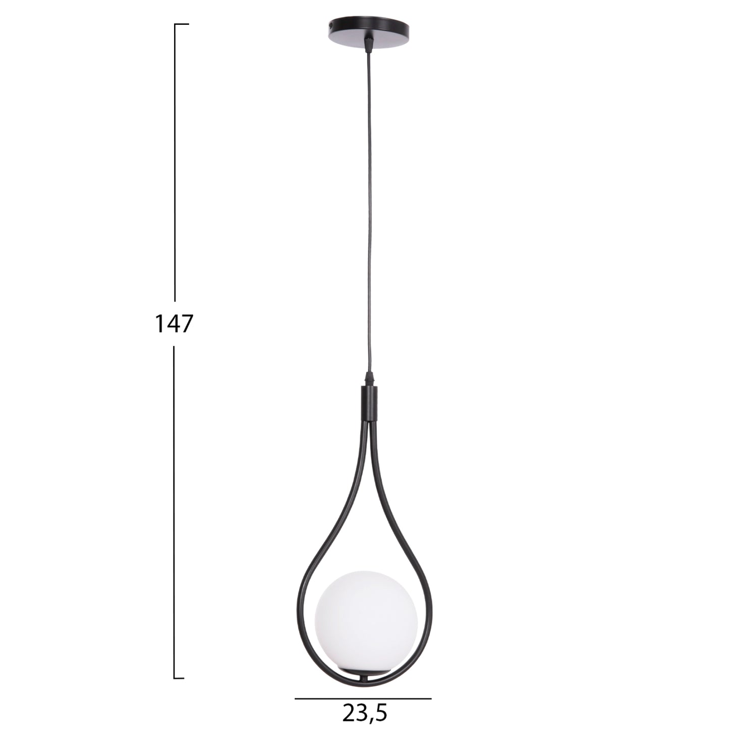 CEILING PENDANT LAMP DROPLET HM7503.11 METAL IN BLACK-MILKY WHITE GLOBE BULB 23.5x12x147Hcm.