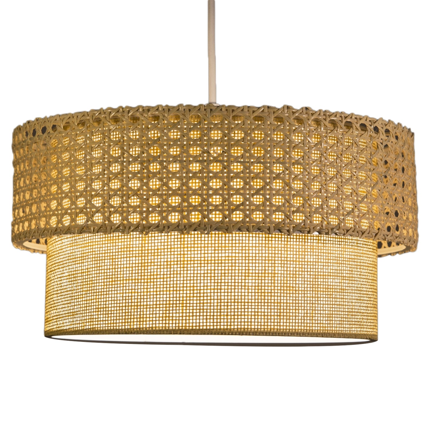 PENDANT CEILING LAMP HM7629.01 TWO-LAYER DRUM-RATTAN AND FABRIC, METAL FRAME