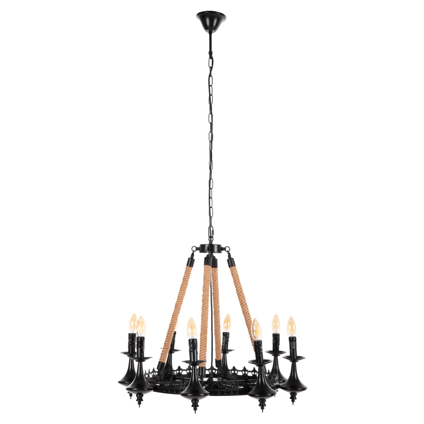 CEILING PENDANT 8-LIGHT HM4169 BLACK METAL-ROPE Φ66x131Hcm.