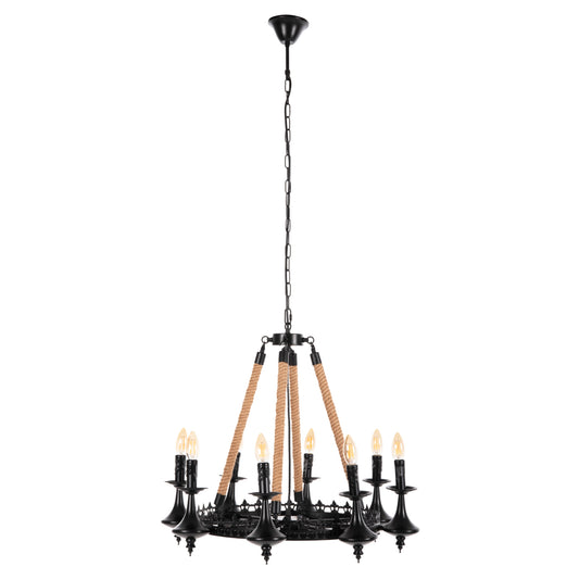 CEILING PENDANT 8-LIGHT HM4169 BLACK METAL-ROPE Φ66x131Hcm.