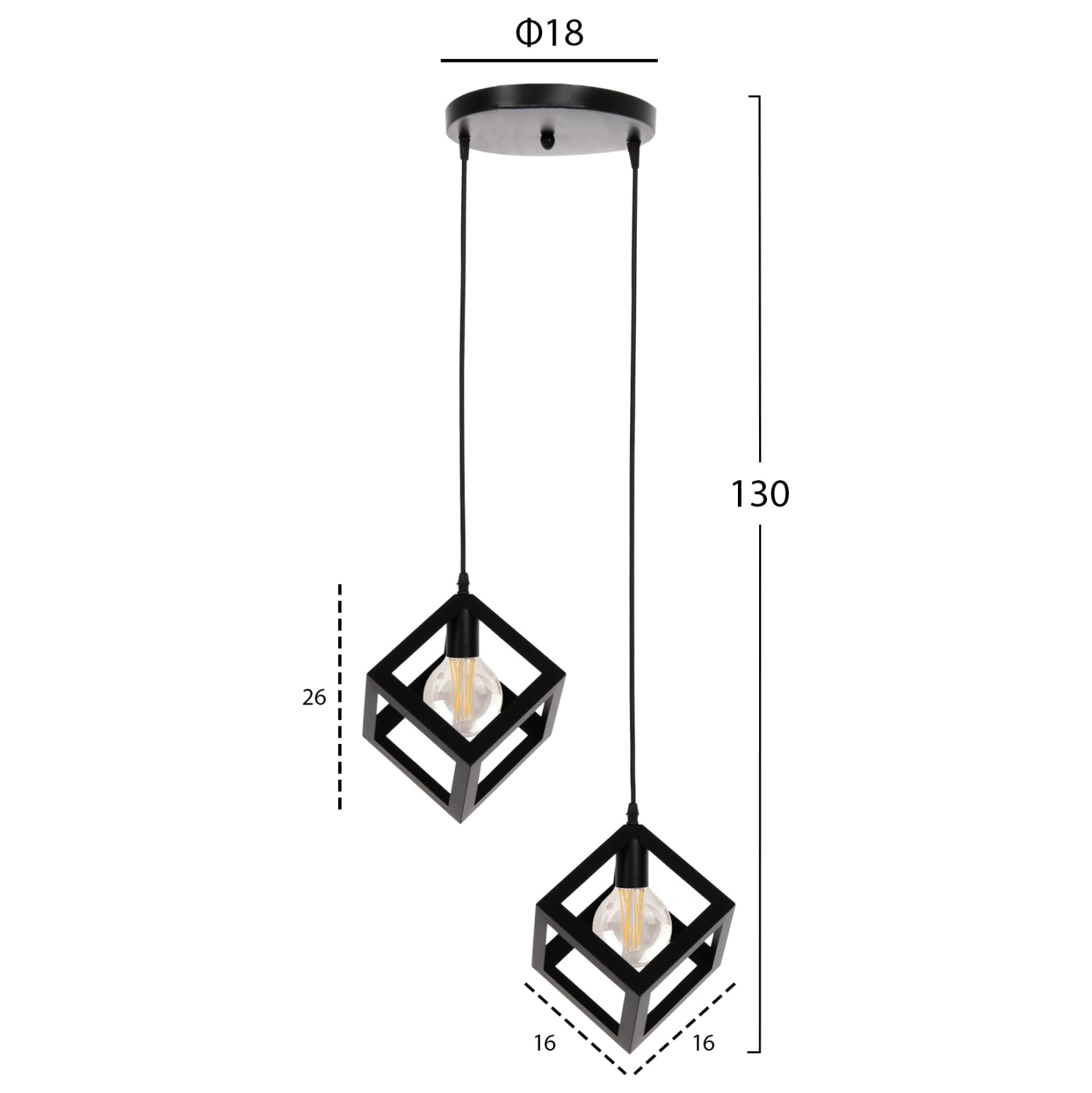 CEILING PENDANT LAMP HM4035 2 CUBES BLACK METAL Φ18x130Hcm.