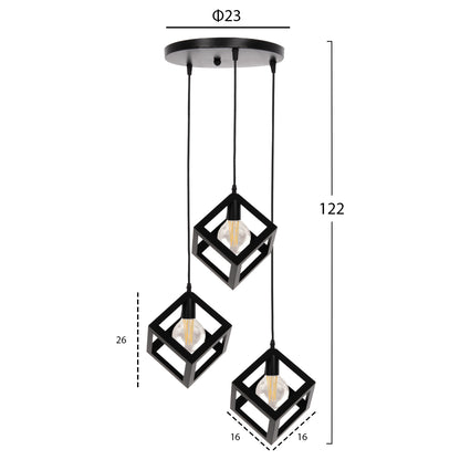 CEILING PENDANT LAMP HM4036 3 CUBES BLACK METAL Φ23x122Hcm.