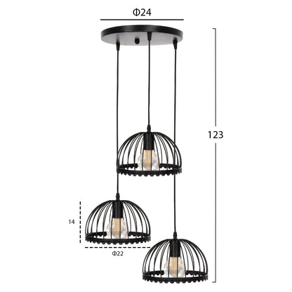 CEILING PENDANT LAMP HM4086 3-LIGHT BLACK METAL CAPS LIKE UMBRELLAS Φ22x123Hcm.