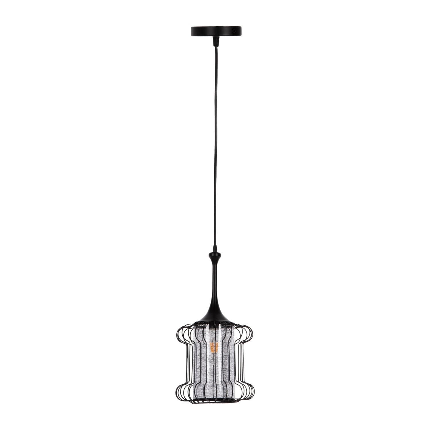 CEILING PENDANT LAMP HM4087 BLACK METAL-WHITE FABRIC Φ24x130Hcm.