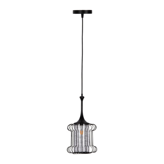 CEILING PENDANT LAMP HM4087 BLACK METAL-WHITE FABRIC Φ24x130Hcm.