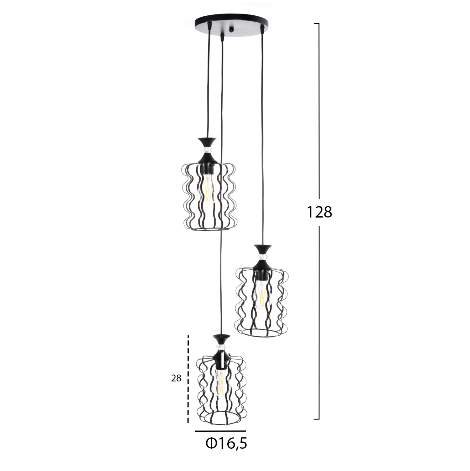 CEILING PENDANT LUMINAIRE HM4089 3-LIGHT BLACK METAL CAPS Φ34x128Hcm.