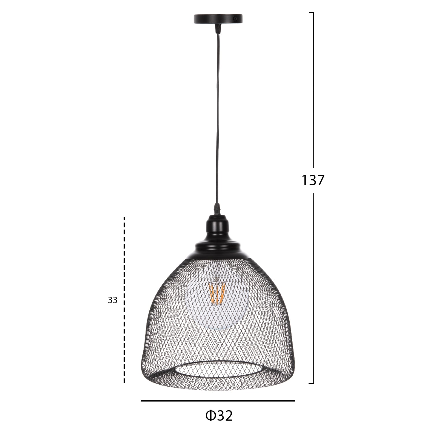 CEILING PENDANT LAMP HM4100 BLACK METAL MESH BEL-SHAPED CAP Φ32x137Hcm.