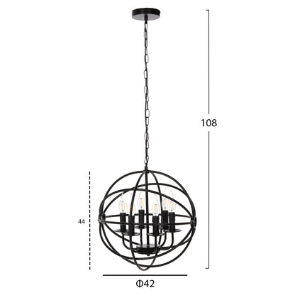 CEILING PENDANT LAMP HM4127 BLACK METAL SPHERE 6-LIGHT Φ42x108Hcm.