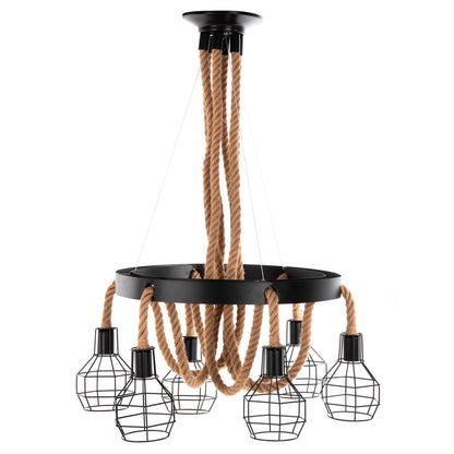 CEILING PENDANT LAMP HM4130 6-LIGHT BLACK METAL-ROPE Φ54-60x125Hcm.