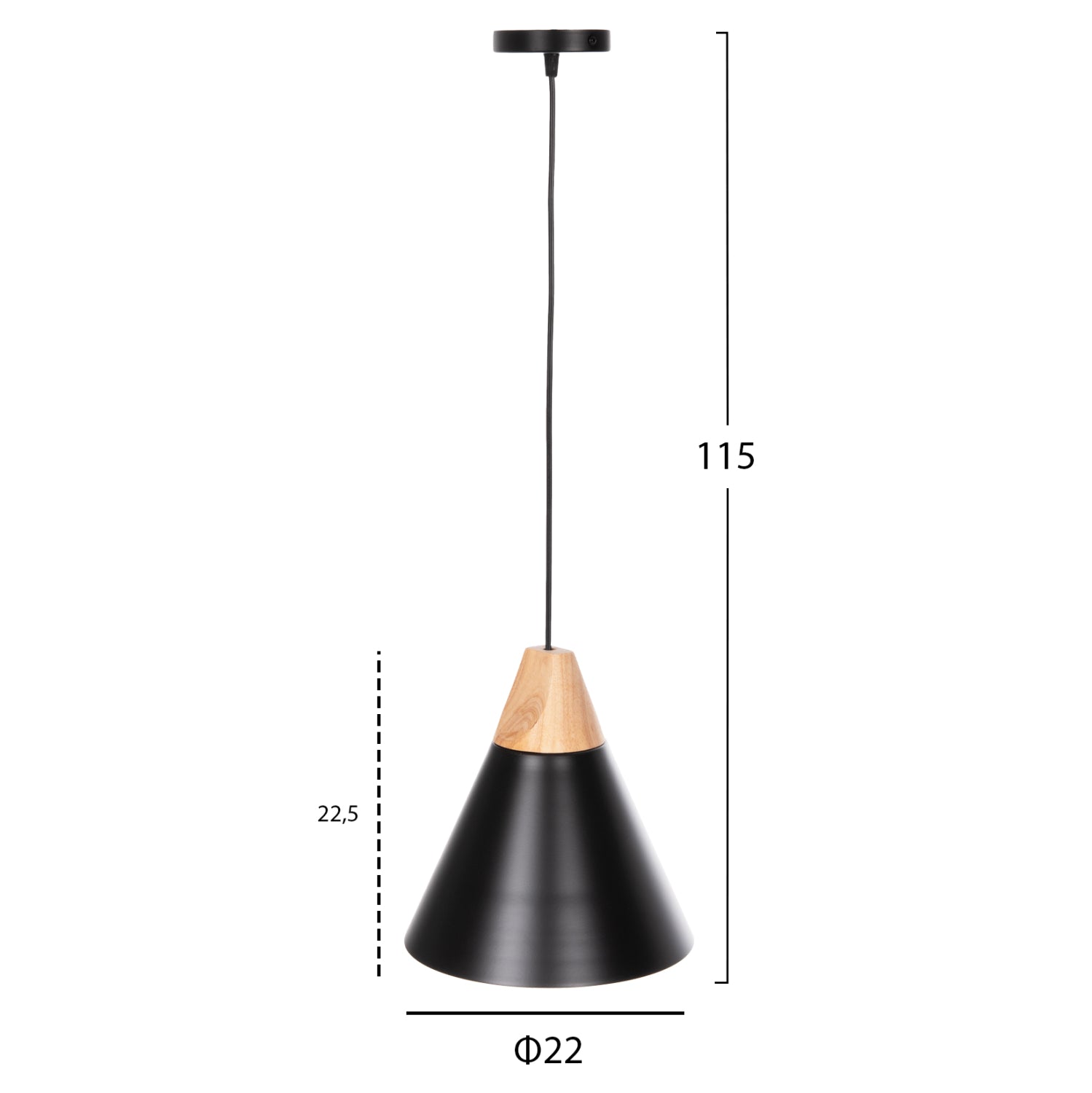 CEILING PENDANT LUMINAIRE HM4148 BLACK METAL CAP-WOOD DETAIL Φ22x115Hcm.