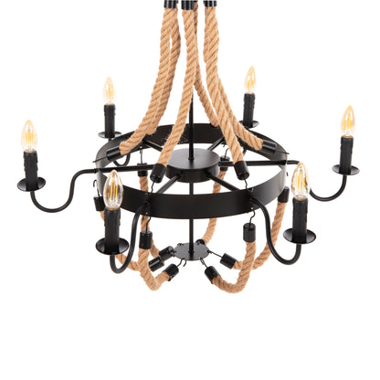 CEILING PENDANT FIXTURE HM4177 6-LIGHT WITH ROPE AND BLACK METAL 74x74x123Hcm.