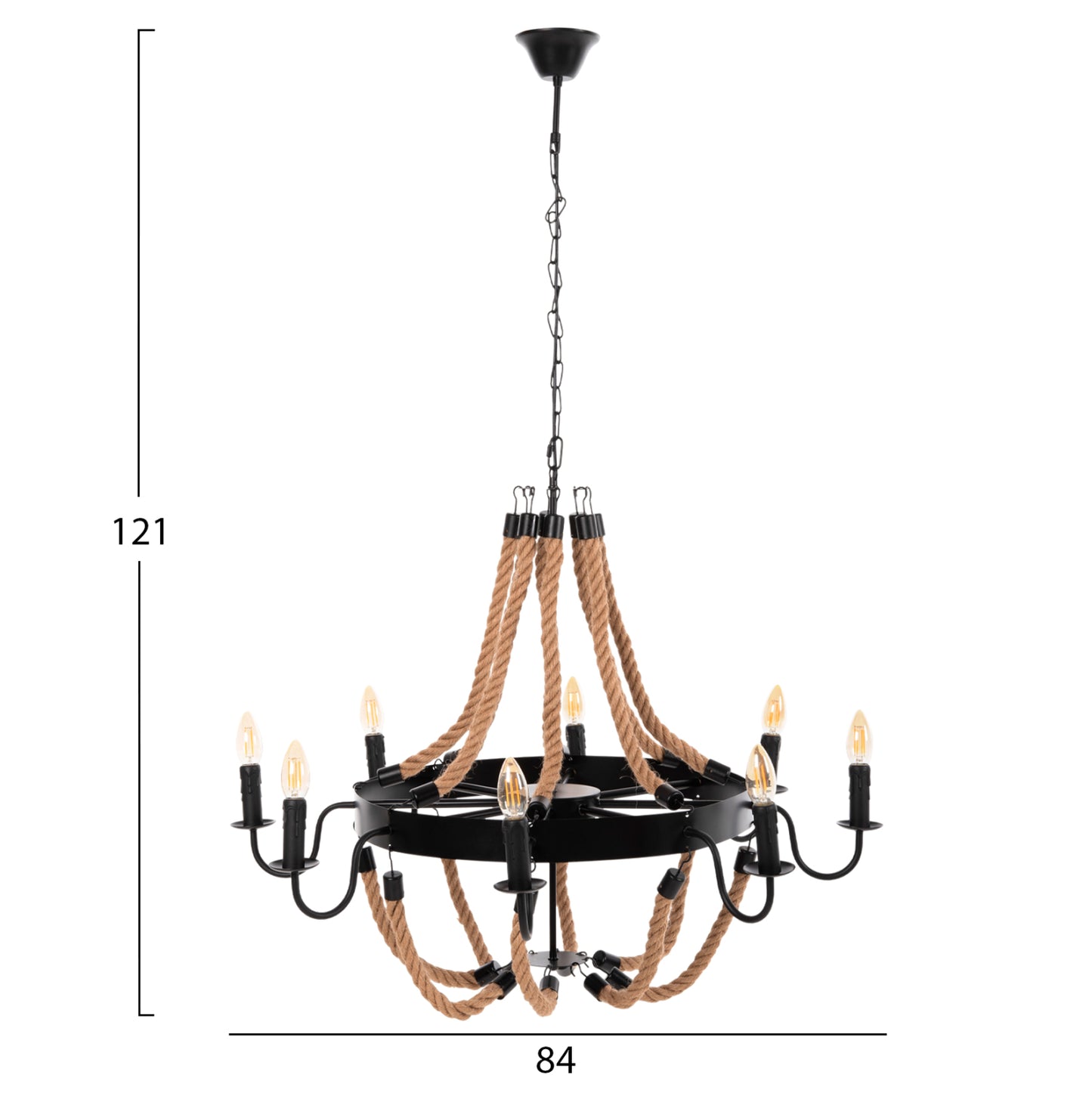 CEILING PENDANT 8-LIGHT HM4178 ROPE AND BLACK METAL 84x84x121Hcm.