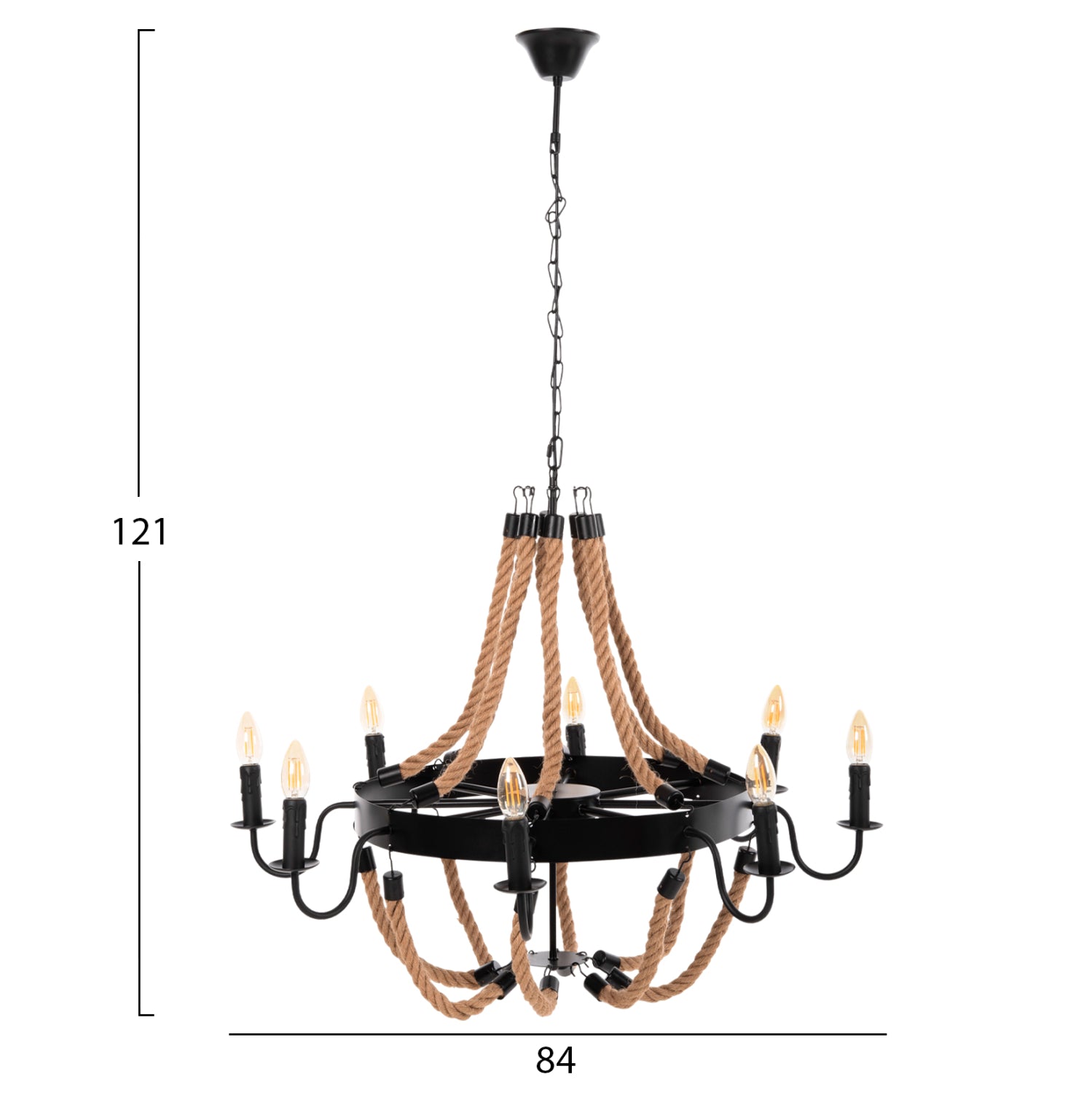 CEILING PENDANT 8-LIGHT HM4178 ROPE AND BLACK METAL 84x84x121Hcm.