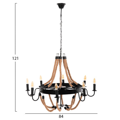 CEILING PENDANT 8-LIGHT HM4178 ROPE AND BLACK METAL 84x84x121Hcm.