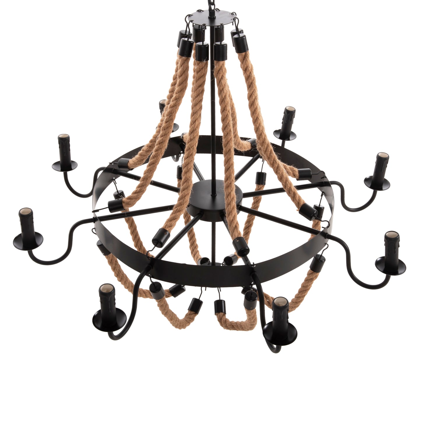 CEILING PENDANT 8-LIGHT HM4178 ROPE AND BLACK METAL 84x84x121Hcm.