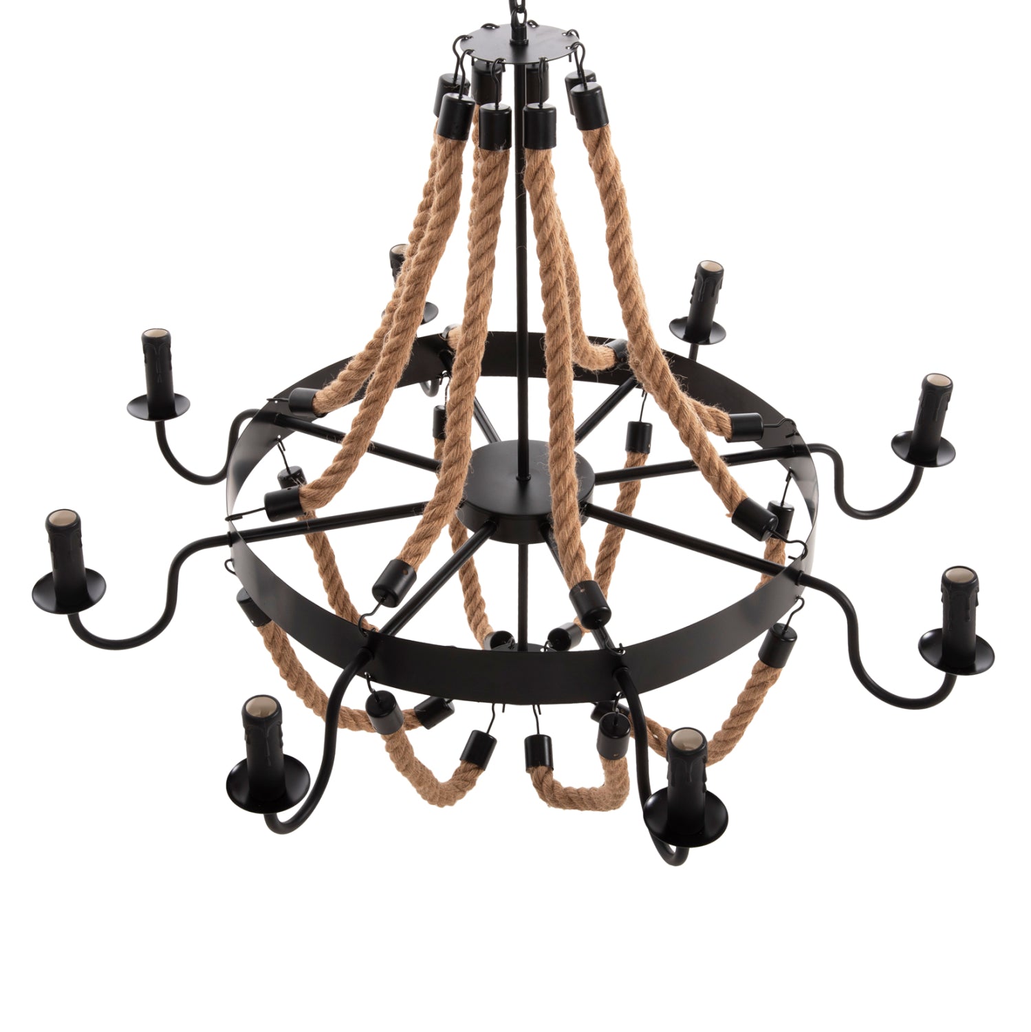 CEILING PENDANT 8-LIGHT HM4178 ROPE AND BLACK METAL 84x84x121Hcm.