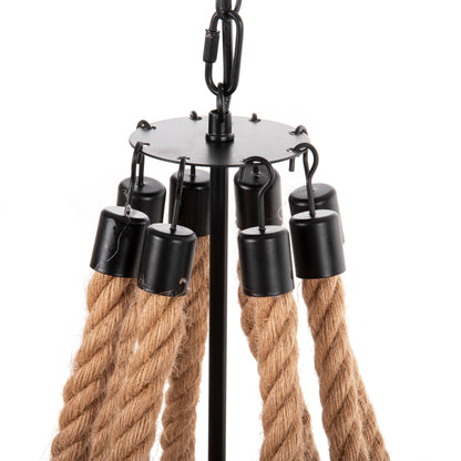CEILING PENDANT 8-LIGHT HM4178 ROPE AND BLACK METAL 84x84x121Hcm.