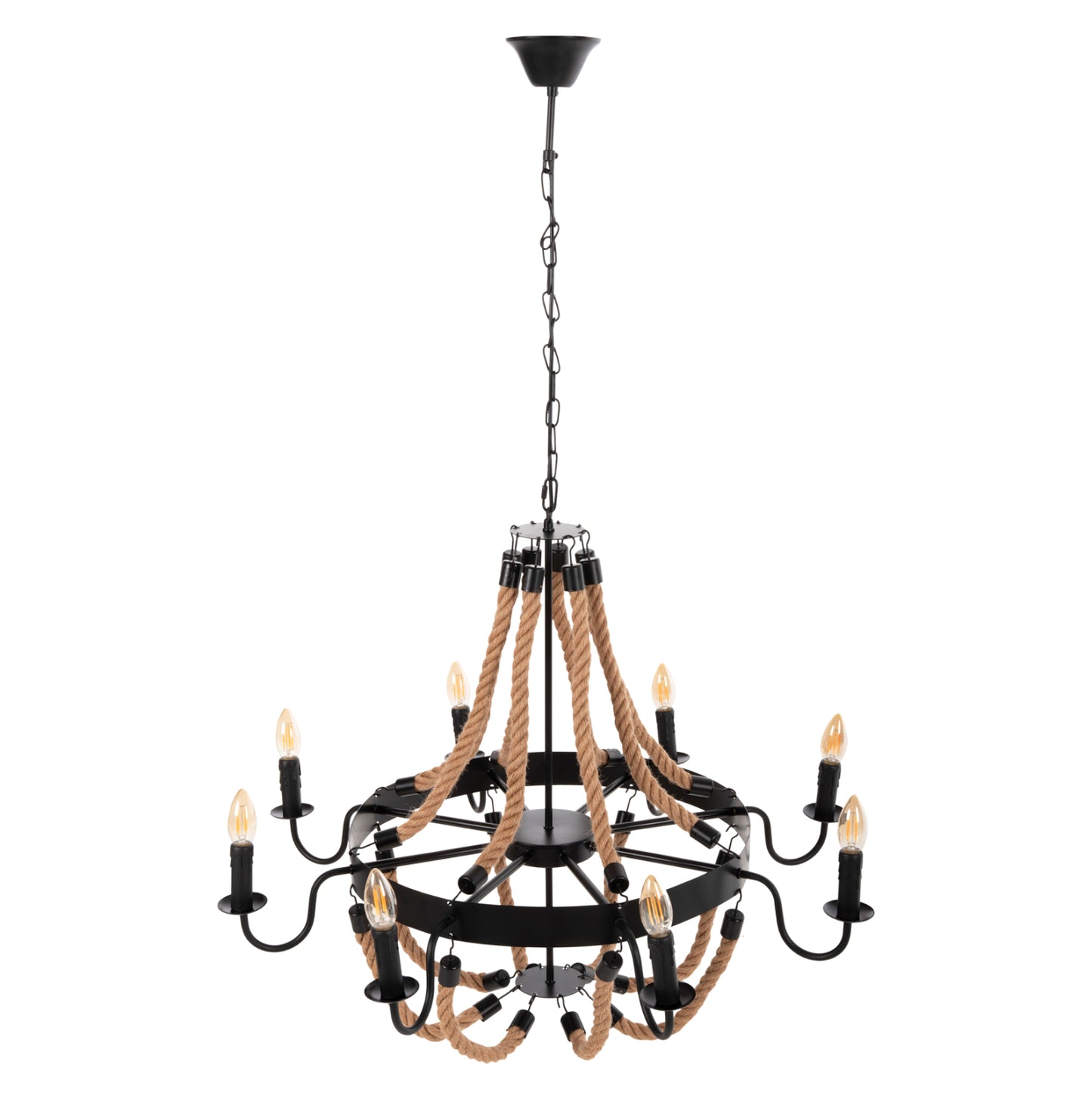 CEILING PENDANT 8-LIGHT HM4178 ROPE AND BLACK METAL 84x84x121Hcm.